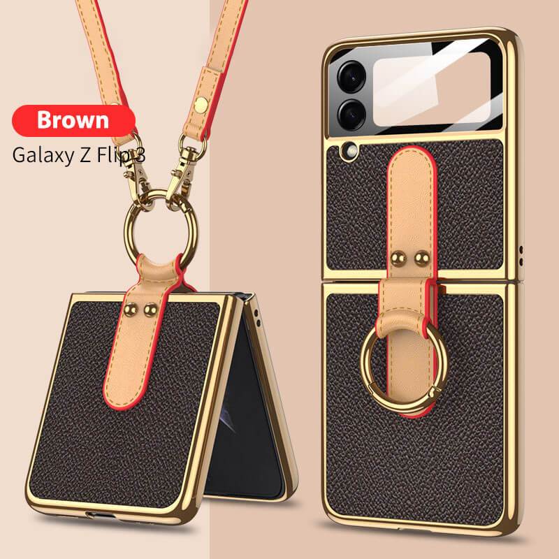 Original Leather Back Screen Tempered Glass Hard Frame Cover For Samsung Z Flip 3 5G With Lanyard Samsung Galaxy Z Flip 3 Case