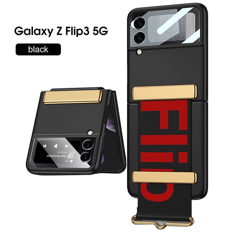 Original Leather Strap Holder Glass Hard Cover - Samsung Z Flip 3 5G Phone Case Samsung Galaxy Z Flip 3 Case
