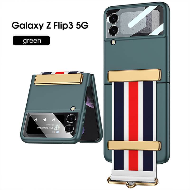 Original Leather Strap Holder Glass Hard Cover - Samsung Z Flip 3 5G Phone Case Samsung Galaxy Z Flip 3 Case