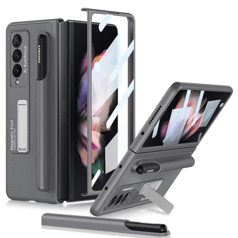 Newest Magnetic Folding Stand Tempered Glass Film Removable Pen Case Leather Phone Case For Samsung Galaxy Z Fold 3 5G