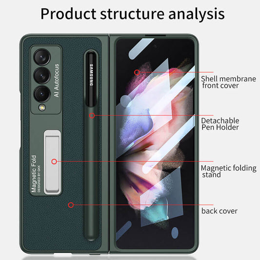 Newest Magnetic Folding Stand Tempered Glass Film Removable Pen Case Leather Phone Case For Samsung Galaxy Z Fold 3 5G