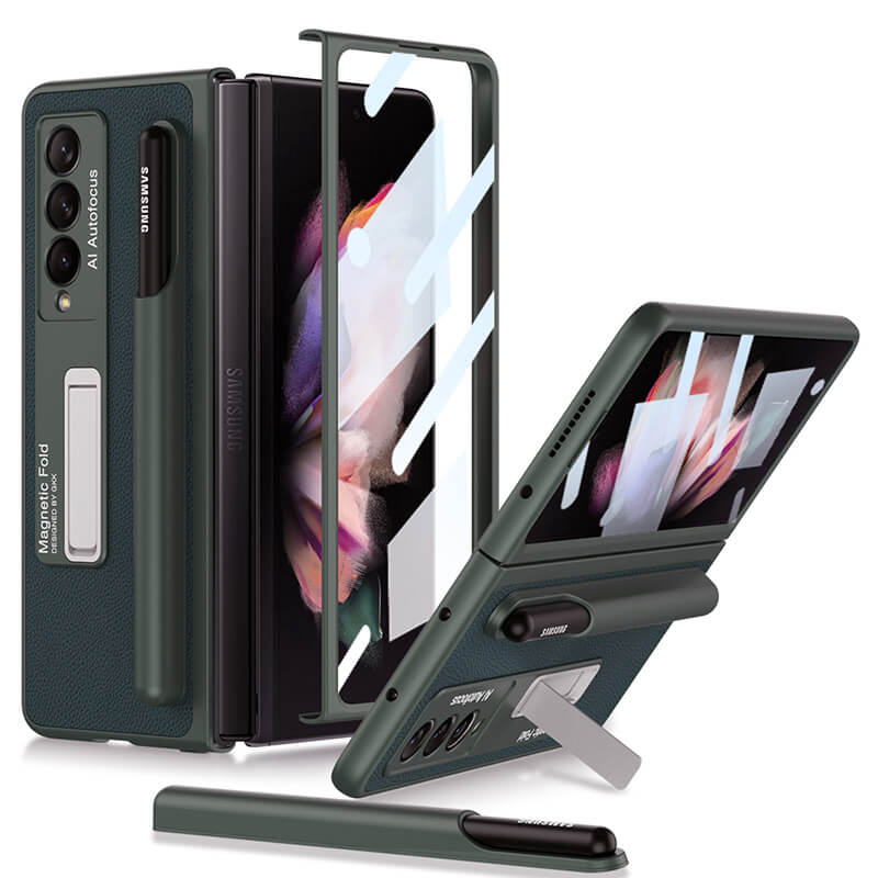 Newest Magnetic Folding Stand Tempered Glass Film Removable Pen Case Leather Phone Case For Samsung Galaxy Z Fold 3 5G