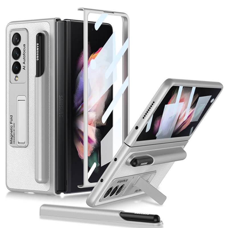 Newest Magnetic Folding Stand Tempered Glass Film Removable Pen Case Leather Phone Case For Samsung Galaxy Z Fold 3 5G