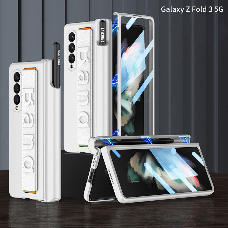 Magnetic Hinge S Pen Slot Luxury Wristband Holder Phone Case For Samsung Galaxy Z Fold4 Fold3 5G Case With Back Screen Glass Protector Samsung Cases