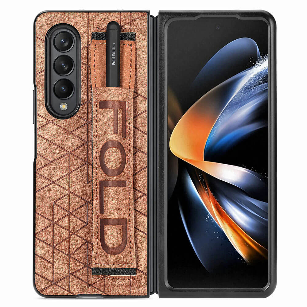 Newest Elastic Stretch Wrist Strap Pencil Pouch Leather Phone Case For Galaxy Z Fold4 Fold3 Samsung Cases