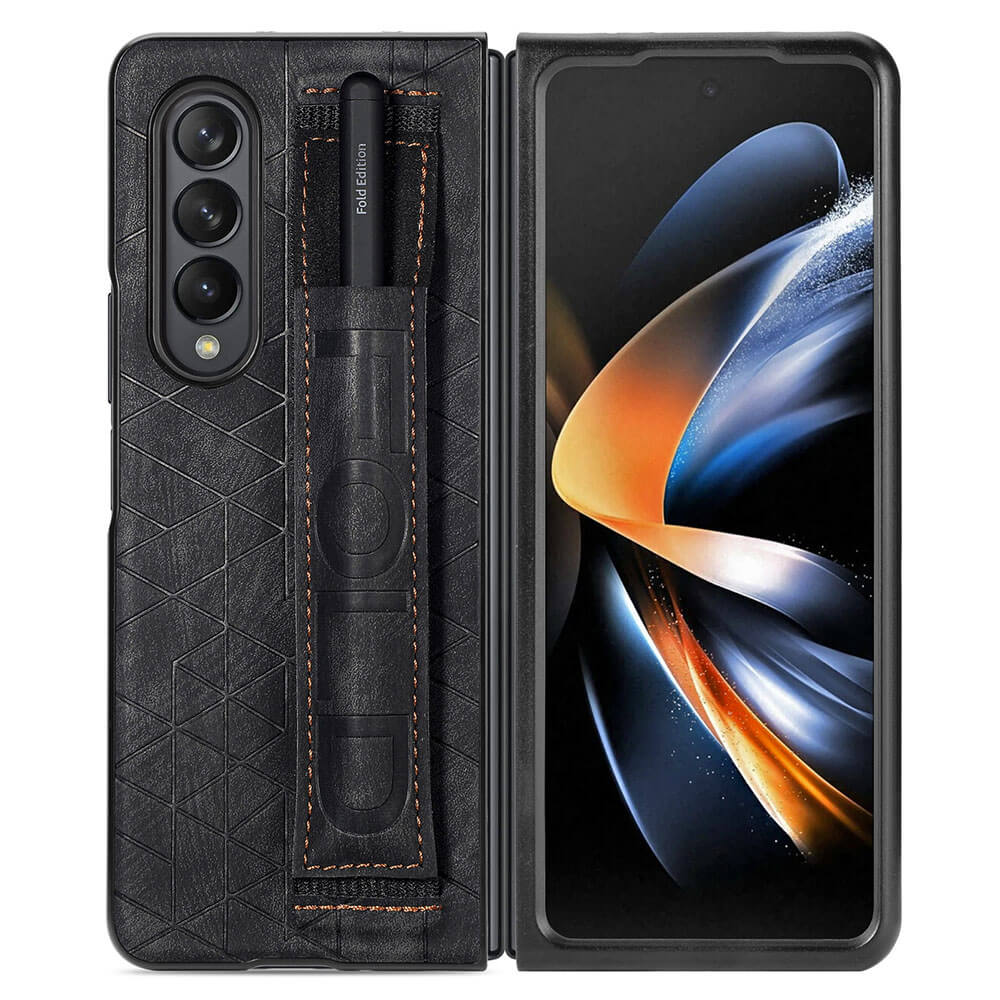 Newest Elastic Stretch Wrist Strap Pencil Pouch Leather Phone Case For Galaxy Z Fold4 Fold3 Samsung Cases