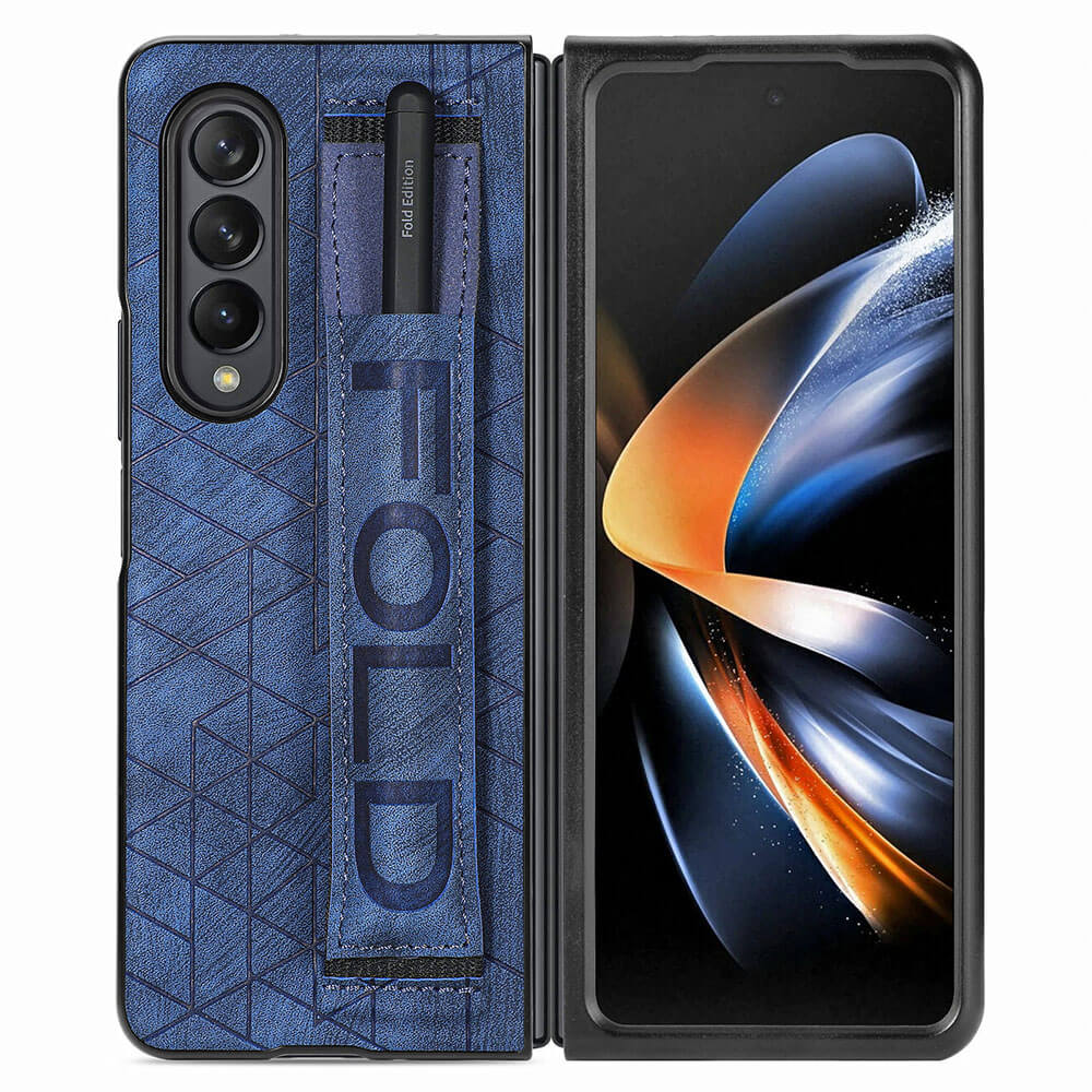 Newest Elastic Stretch Wrist Strap Pencil Pouch Leather Phone Case For Galaxy Z Fold4 Fold3 Samsung Cases