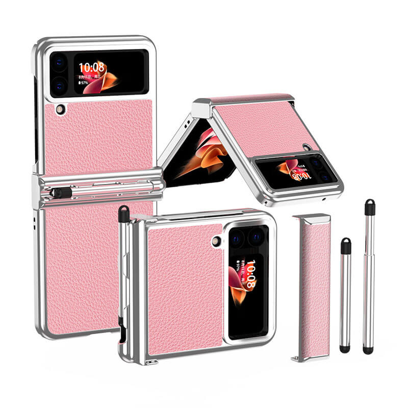 Luxury Leather Case For Samsung Galaxy Z Flip3(4) With Double Hinge + Retractable Stylus Samsung Cases