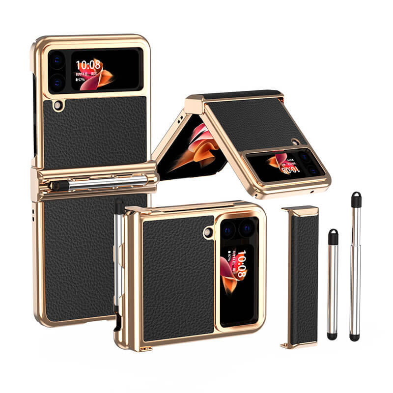 Luxury Leather Case For Samsung Galaxy Z Flip3(4) With Double Hinge + Retractable Stylus Samsung Cases