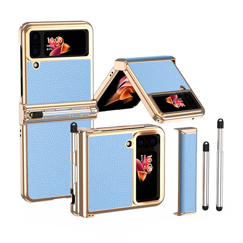 Luxury Leather Case For Samsung Galaxy Z Flip3(4) With Double Hinge + Retractable Stylus Samsung Cases