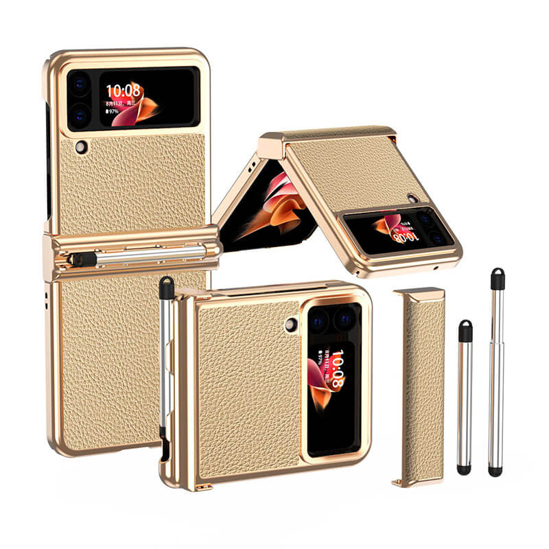 Luxury Leather Case For Samsung Galaxy Z Flip3(4) With Double Hinge + Retractable Stylus Samsung Cases