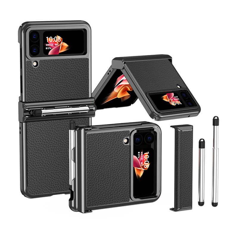 Luxury Leather Case For Samsung Galaxy Z Flip3(4) With Double Hinge + Retractable Stylus Samsung Cases