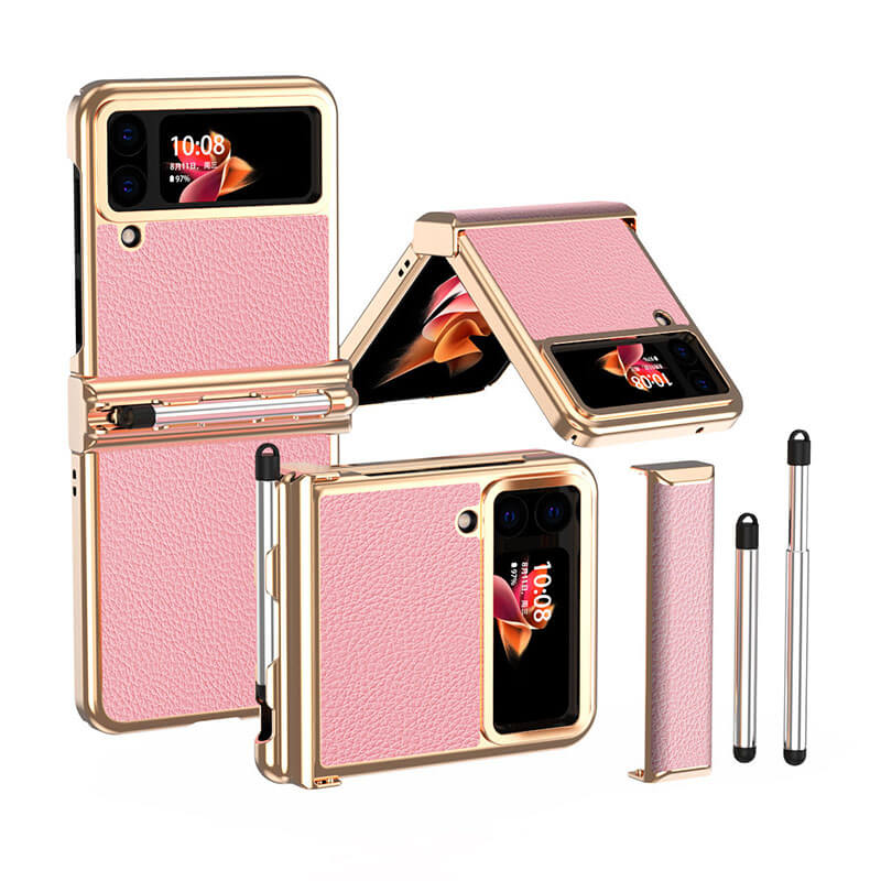 Luxury Leather Case For Samsung Galaxy Z Flip3(4) With Double Hinge + Retractable Stylus Samsung Cases