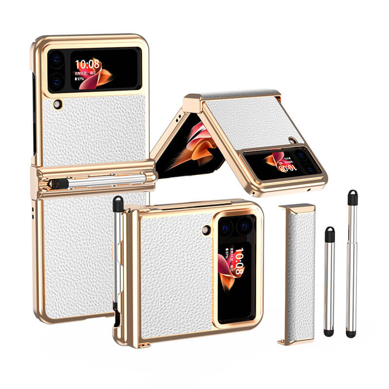 Luxury Leather Case For Samsung Galaxy Z Flip3(4) With Double Hinge + Retractable Stylus Samsung Cases