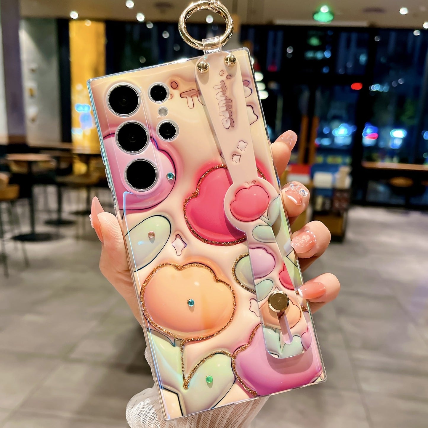Glitter Blue Light 3D Tulips Case for Samsung Galaxy S23 S23Ultra S23Plus Soft Silicone With Wrist Strap Support Stand Shell - mycasety2023 Mycasety