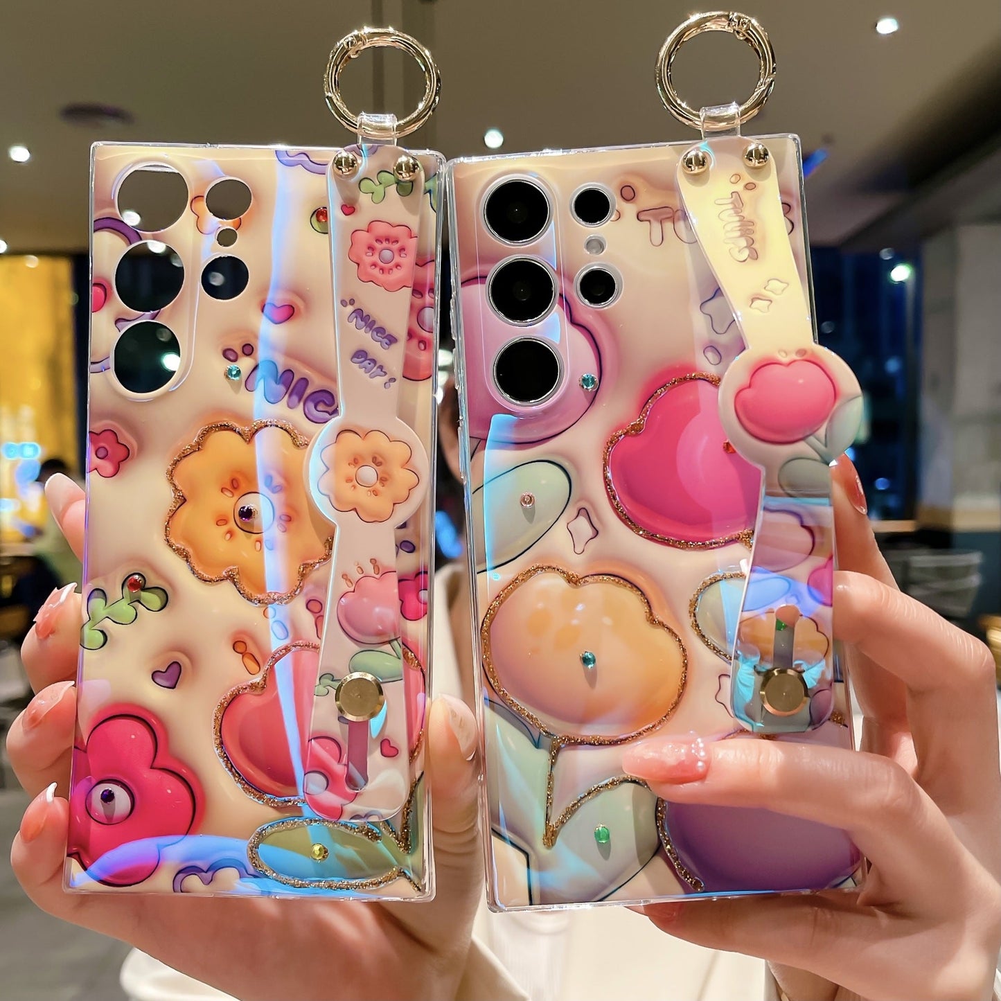Glitter Blue Light 3D Tulips Case for Samsung Galaxy S23 S23Ultra S23Plus Soft Silicone With Wrist Strap Support Stand Shell - mycasety2023 Mycasety