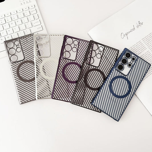 Newest Electroplating Transparent Carbon Fiber Pattern Magnetic Phone Case For Samsung Galaxy