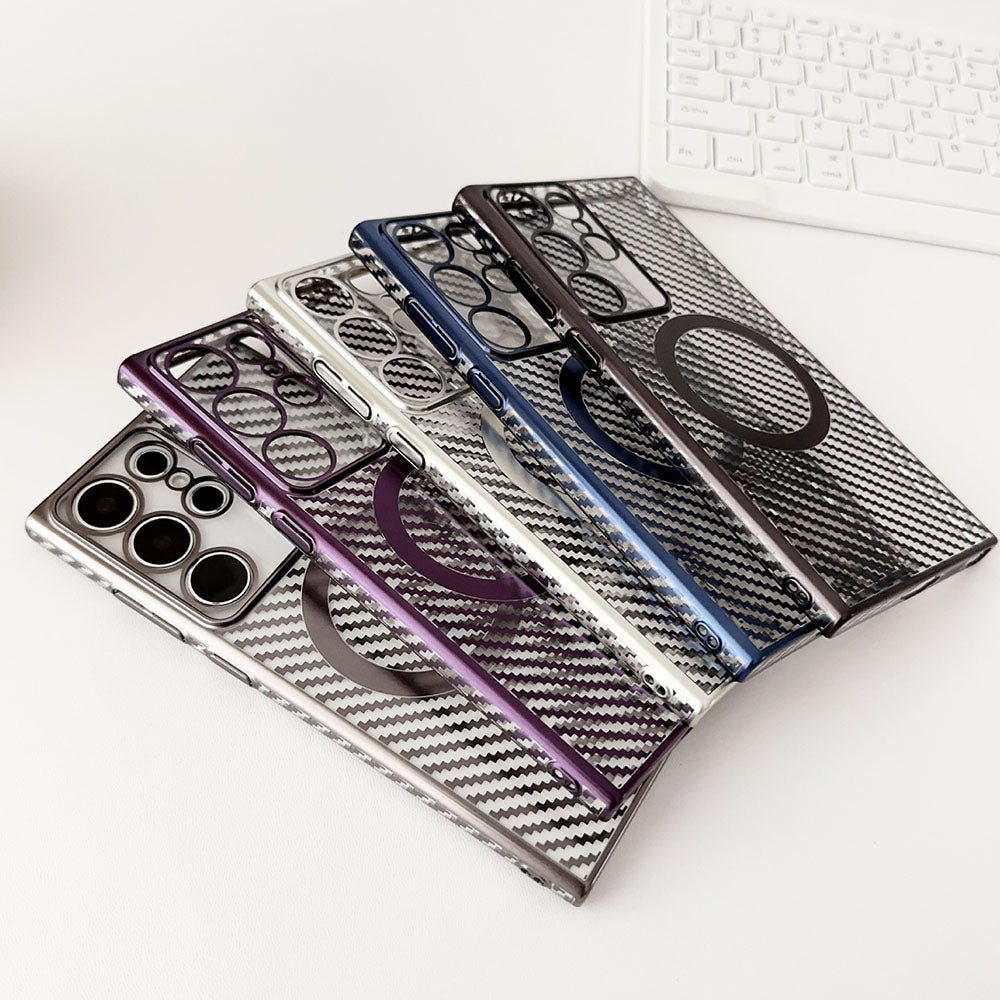 Newest Electroplating Transparent Carbon Fiber Pattern Magnetic Phone Case For Samsung Galaxy