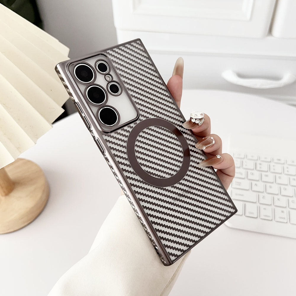 Newest Electroplating Transparent Carbon Fiber Pattern Magnetic Phone Case For Samsung Galaxy