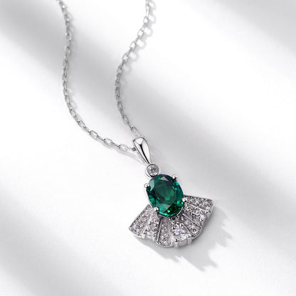 Emerald and Zirconia Fan-Shaped Pendant Necklace S925 Silver 1.12 Carats Total