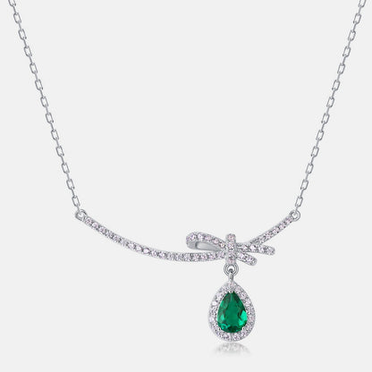 Teardrop Shaped Gemstone Emerald and Zirconia Bow Necklace S925 Silver 0.53 Carats Total