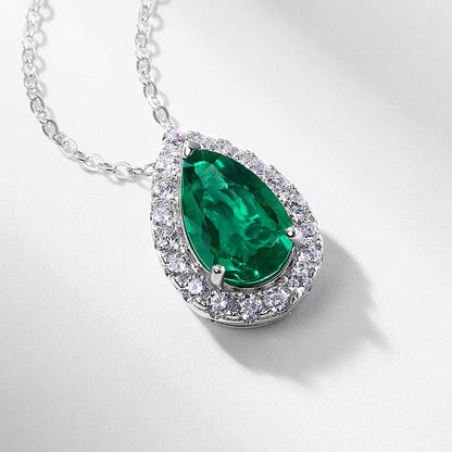 Teardrop Shaped Gemstone Emerald and Zirconia Necklace S925 Silver 1.73 Carats Total