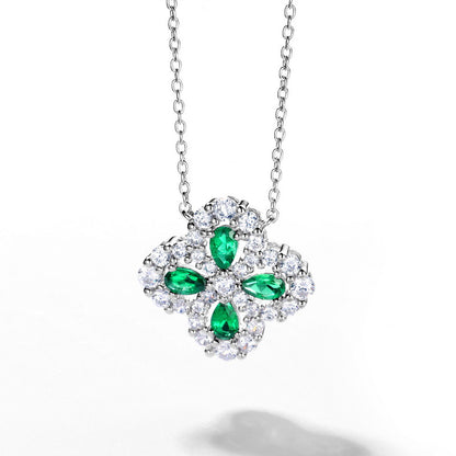 Four Leaf Clover Gemstone Emerald and Zirconia Necklace S925 Silver 1 Carats Total