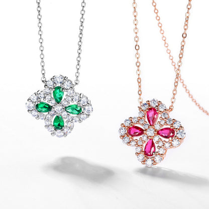 Four Leaf Clover Gemstone Emerald and Zirconia Necklace S925 Silver 1 Carats Total