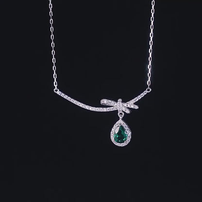 Teardrop Shaped Gemstone Emerald and Zirconia Bow Necklace S925 Silver 0.53 Carats Total