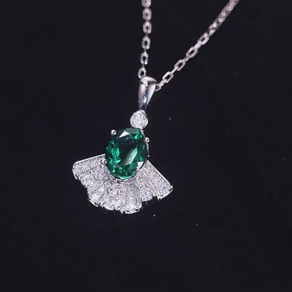 Emerald and Zirconia Fan-Shaped Pendant Necklace S925 Silver 1.12 Carats Total