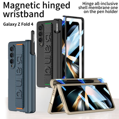 Magnetic Hinge S Pen Slot Luxury Wristband Holder Phone Case For Samsung Galaxy Z Fold4 Fold3 5G Case With Back Screen Glass Protector Samsung Cases