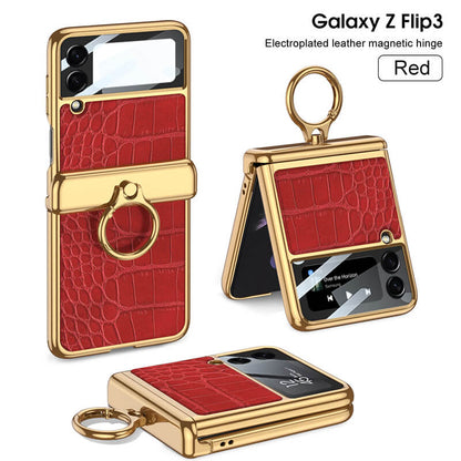 Golden Frame Leather Magnetic Hinge Ring Holder Case For Samsung Galaxy Z Flip3(4) Samsung Cases