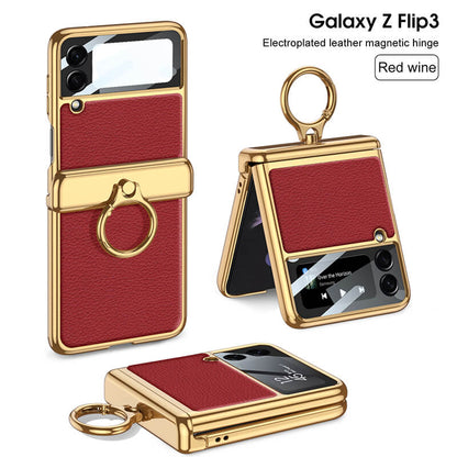 Golden Frame Leather Magnetic Hinge Ring Holder Case For Samsung Galaxy Z Flip3(4) Samsung Cases