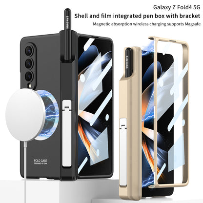 Magnetic Magsafe Wireless Charge Toughened Film Integrated Case With Bracket Pen Box For Samsung Galaxy Z Fold 4 5G Samsung Cases