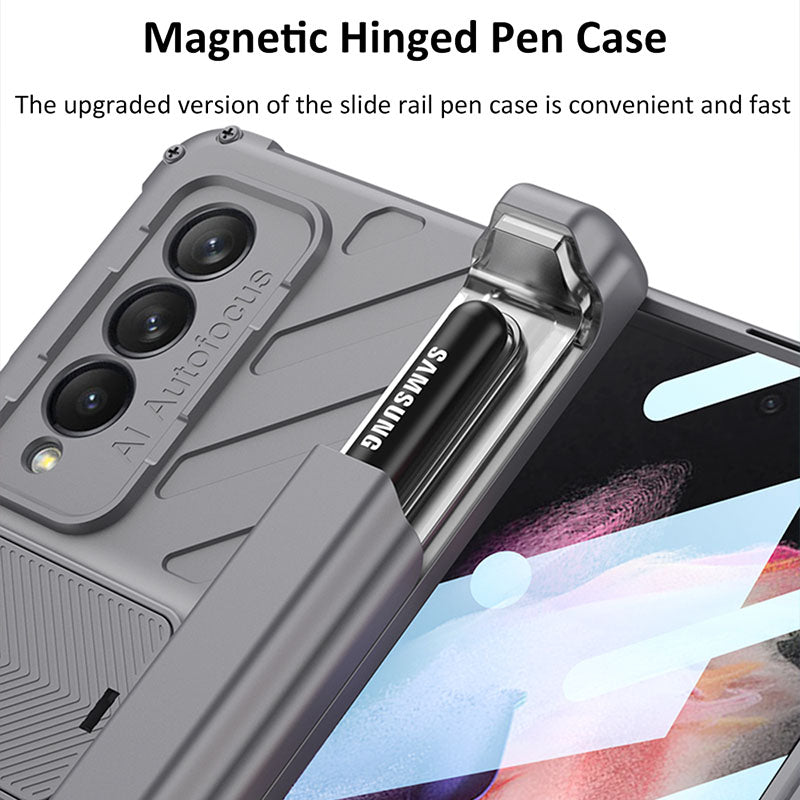 Magnetic Armor All-included Slide Pen Case With Back Screen Glass Hinge Holder Phone Cover For Samsung Galaxy Z Fold 3 5G Samsung Galaxy Z Fold 3 Case