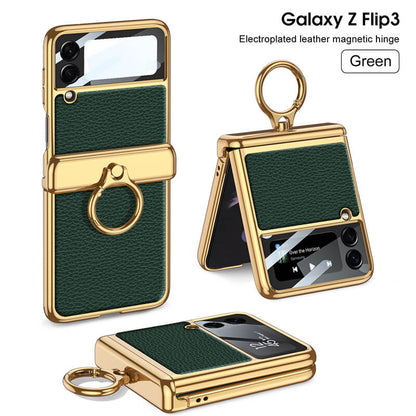 Golden Frame Leather Magnetic Hinge Ring Holder Case For Samsung Galaxy Z Flip3(4) Samsung Cases