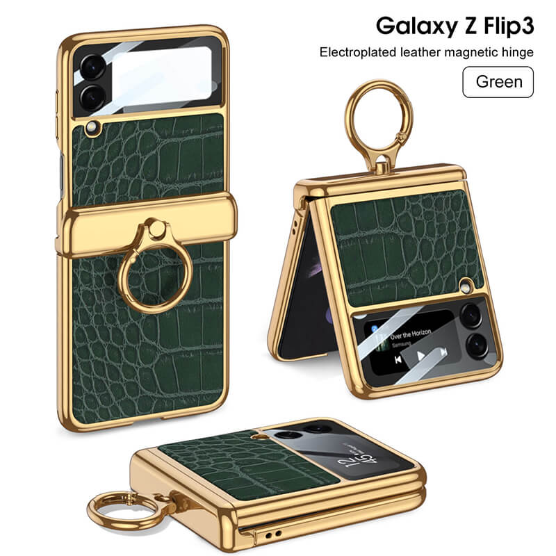 Golden Frame Leather Magnetic Hinge Ring Holder Case For Samsung Galaxy Z Flip3(4) Samsung Cases