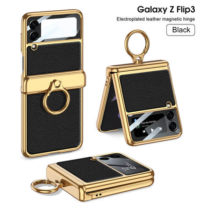 Golden Frame Leather Magnetic Hinge Ring Holder Case For Samsung Galaxy Z Flip3(4) Samsung Cases