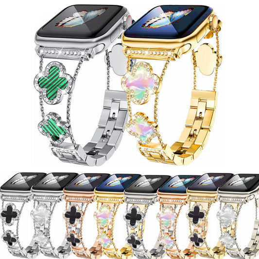 Newest Rhinestones-set Lucky Clover Stainless Steel Metal Link Band For Apple Watch