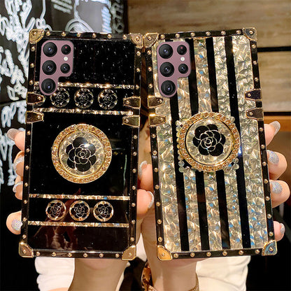 Newest Luxury Brand Black Rose Flower Stripe Glitter Gold Square For S23Ultra