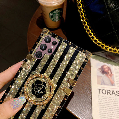 Newest Luxury Brand Black Rose Flower Stripe Glitter Gold Square For S23Ultra