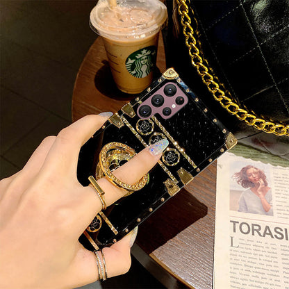 Newest Luxury Brand Black Rose Flower Stripe Glitter Gold Square For S23Ultra