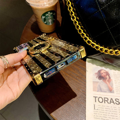 Newest Luxury Brand Black Rose Flower Stripe Glitter Gold Square For S23Ultra