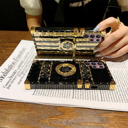 Newest Luxury Brand Black Rose Flower Stripe Glitter Gold Square For S23Ultra