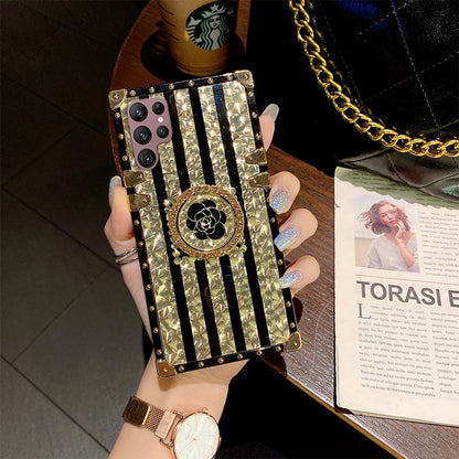 Newest Luxury Brand Black Rose Flower Stripe Glitter Gold Square For S23Ultra