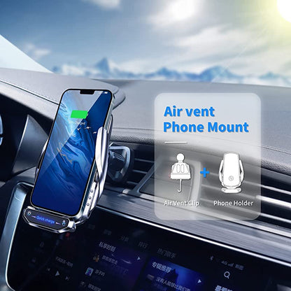 Wireless Car Charger Mount 15W Qi Fast Charging Auto Clamping Air Vent Cell Phone Holder Bracket Compatible with All Apple iPhone Android Smartphone Telephony