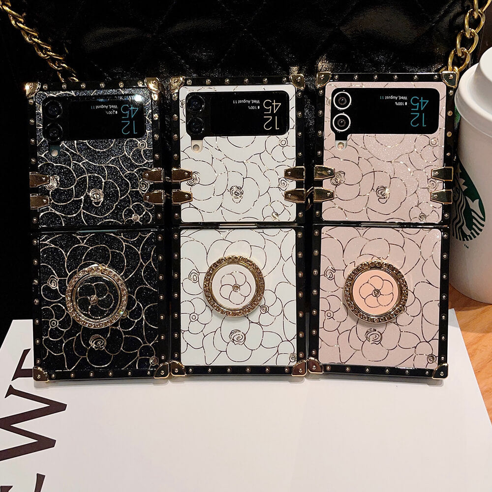 Luxury Brand Camellia Gold Plating Square Case For Samsung Galaxy Z Flip4 Flip3 5G Samsung Cases