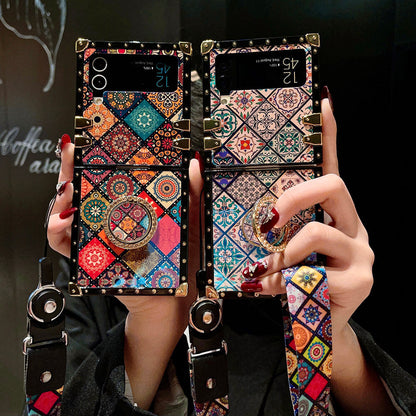Retro Boho Style Ring Case With Lanyard for Samsung Galaxy Z Flip3 Flip4 5G Samsung Cases