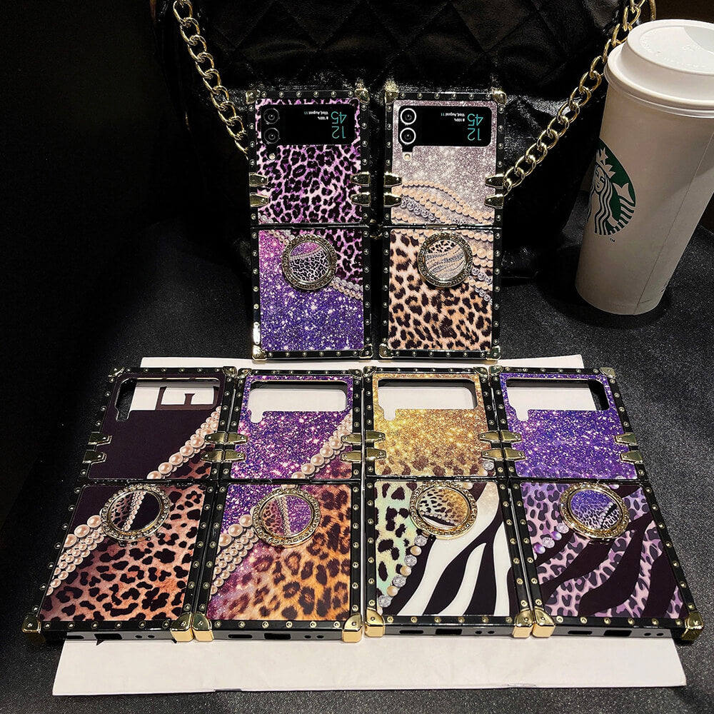 Leopard Pearl Shiny Ring Phone Case for Samsung Galaxy Z Flip4 Flip3 - GiftJupiter