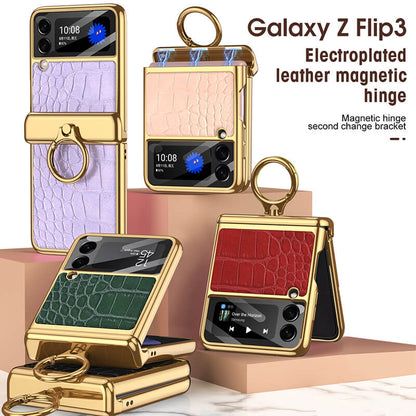 Golden Frame Leather Magnetic Hinge Ring Holder Case For Samsung Galaxy Z Flip3(4) Samsung Cases